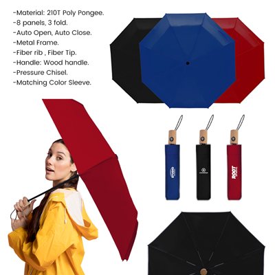 21'' Auto Open-Close 3 Fold Umbrella with Wooden Handle