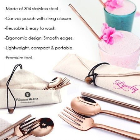 3-in-1 Rose Gold Cutlery and Straw Canvas Set