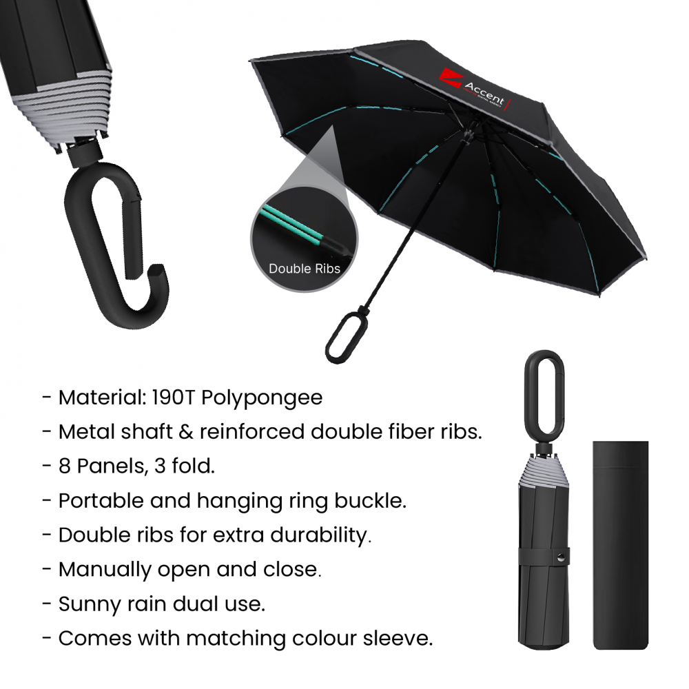 21" DUO Double Ribs 8 Panel Coated Foldable Umbrella