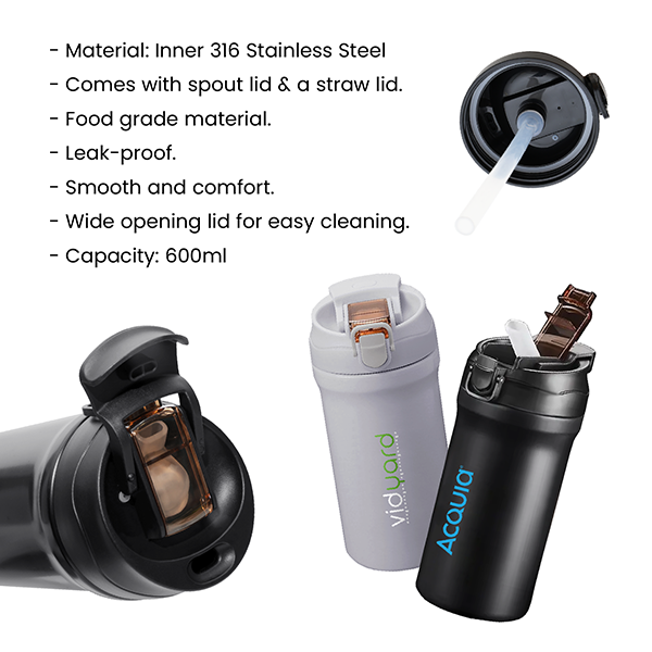 LINK Dual Lid 316 S.Steel Bottle with Straw - 600ml