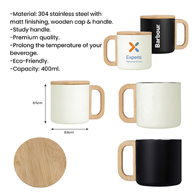 ASHLEY Wooden Handle Stainless Steel Mug – 400ml