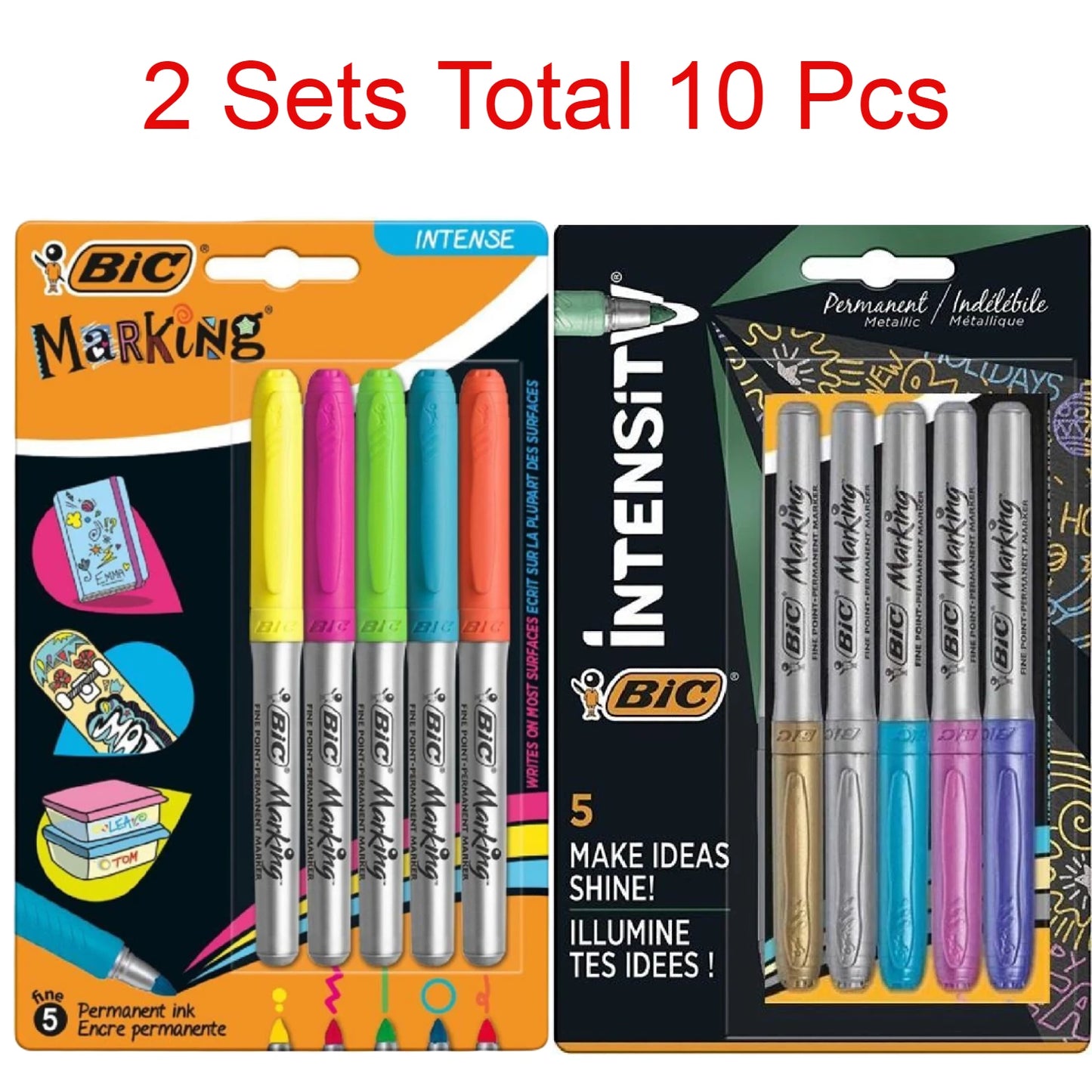 Set of Bic Marking Permanent Marker Fine Point Pens 5 Pcs + Bic Intensity Permanent Metallic Marker 5 pcs School Office Supplies