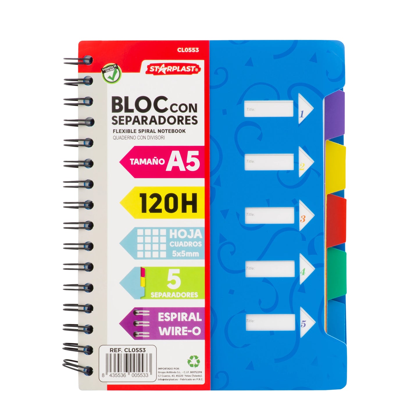 Notebook 120 pad helaian A5 + spacer-grid 5x5, lingkaran logam, penutup plastik, 4 warna.