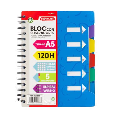 Notebook 120 sheet pad A5 + spacers-grid 5x5, metal spiral, plastic lid, 4 colors.