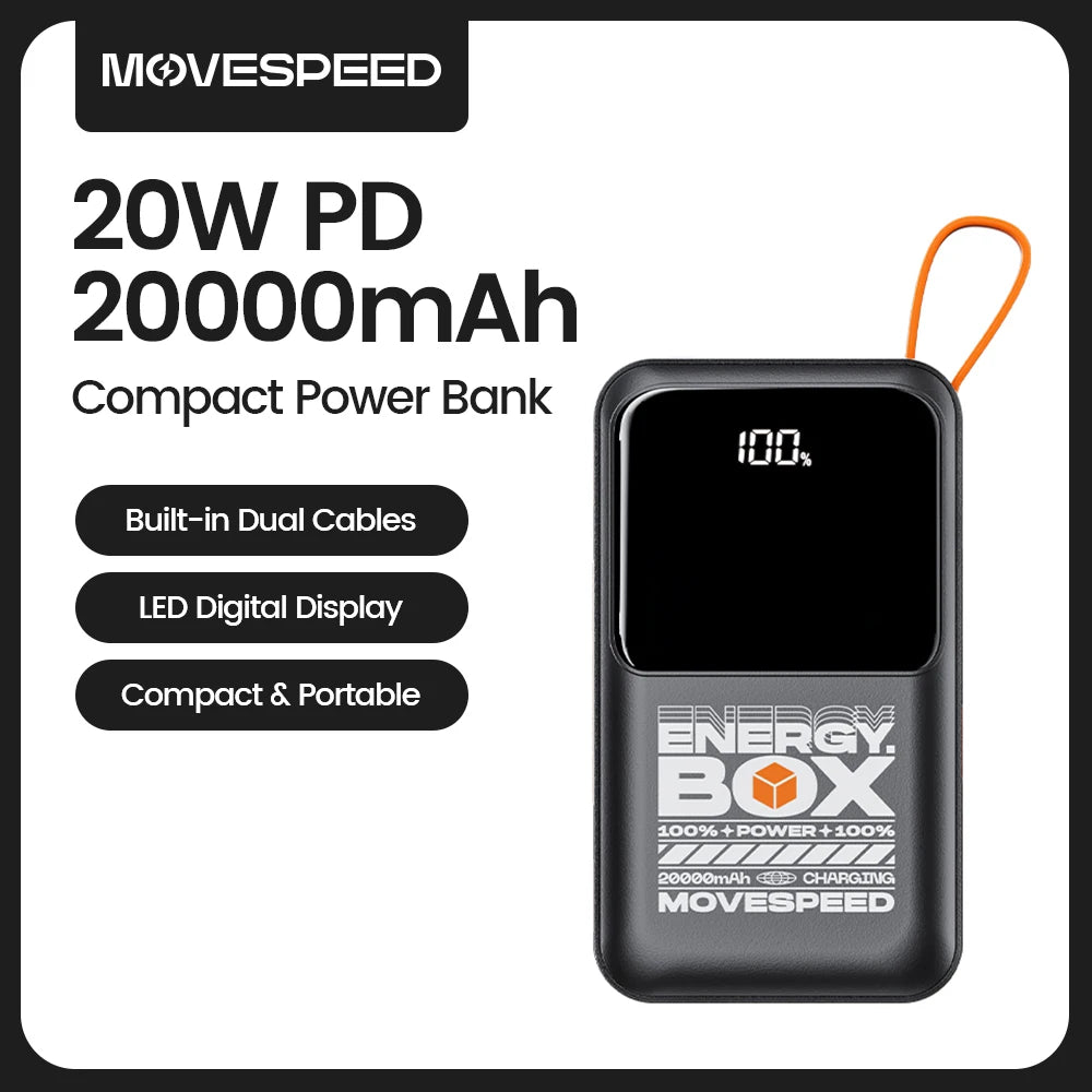 MOVESPEED F20 Power Bank 20000mAh Kabel USB-C 22.5W Maks Mudah Alih Mengecas Cepat Bateri Luaran untuk iPhone 15 Xiaomi 14 Huawei