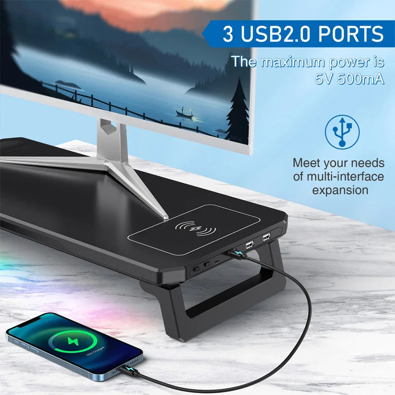 RGB Desktop Monitor Stand 3 USB 2.0 Rechargeable Lighted Universal Laptop Stand Storage Rack