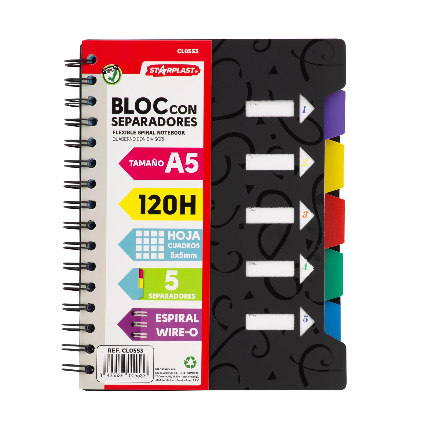 Notebook 120 pad helaian A5 + spacer-grid 5x5, lingkaran logam, penutup plastik, 4 warna.