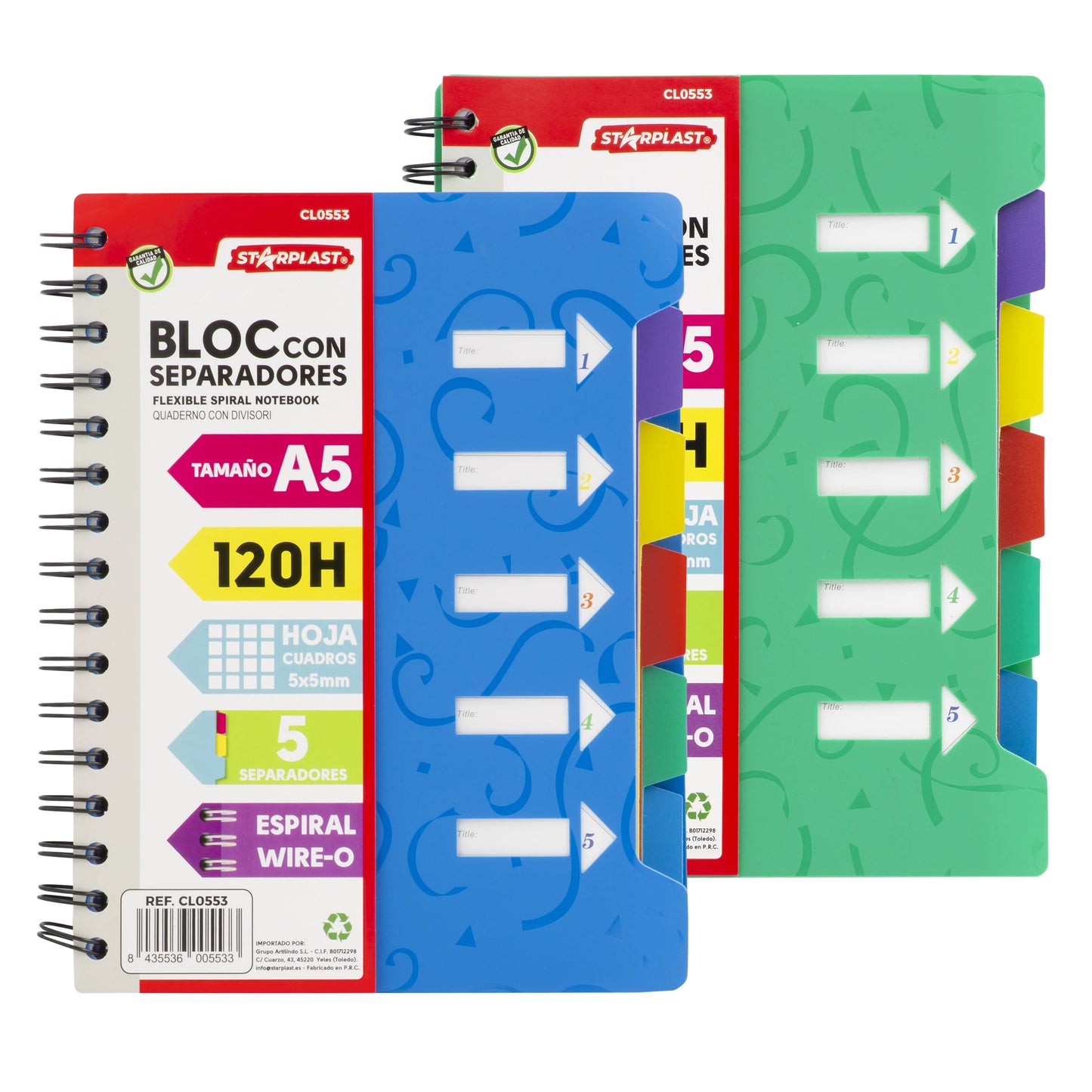 Notebook 120 pad helaian A5 + spacer-grid 5x5, lingkaran logam, penutup plastik, 4 warna.