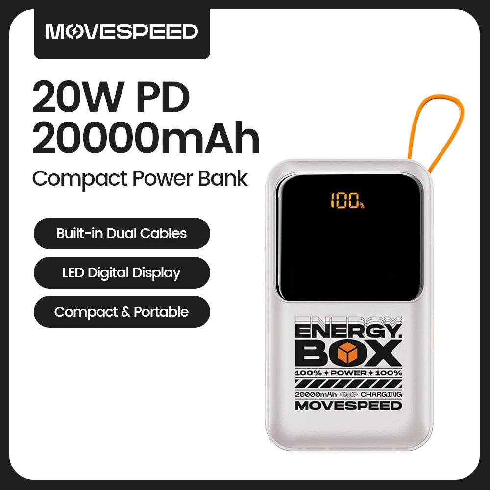 MOVESPEED F20 Power Bank 20000mAh Kabel USB-C 22.5W Maks Mudah Alih Mengecas Cepat Bateri Luaran untuk iPhone 15 Xiaomi 14 Huawei