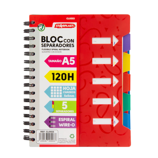 Notebook 120 sheet pad A5 + spacers-grid 5x5, metal spiral, plastic lid, 4 colors.