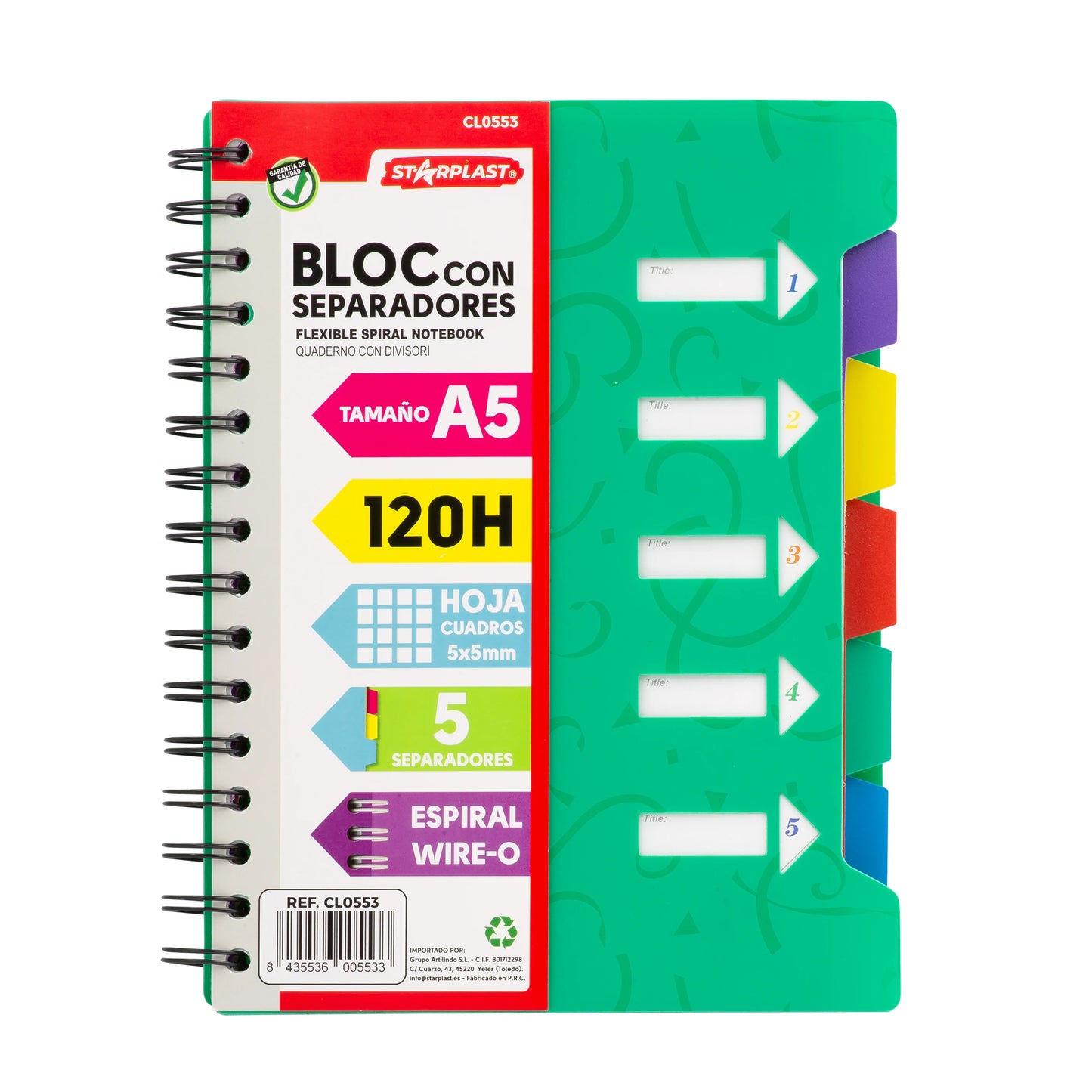 Notebook 120 pad helaian A5 + spacer-grid 5x5, lingkaran logam, penutup plastik, 4 warna.