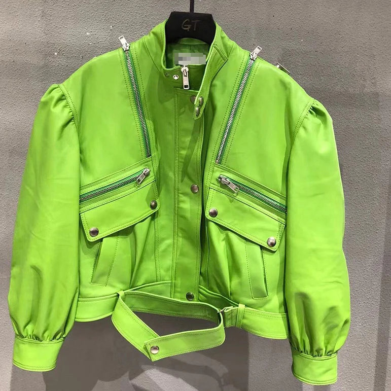 Jaket Motosikal Kulit Tulen Baharu Musim Gugur 2020 Lengan Puff Jaket Kulit Biri-biri Import New Zealand