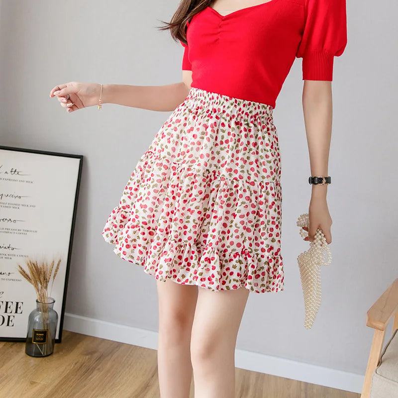 Versi Korea Luar Bandar Kecil Segar Bunga Patah Musim Panas Pinggang Tinggi Splicing Chiffon Pleated Printed Wanita Mini Tutu Skirt pendek