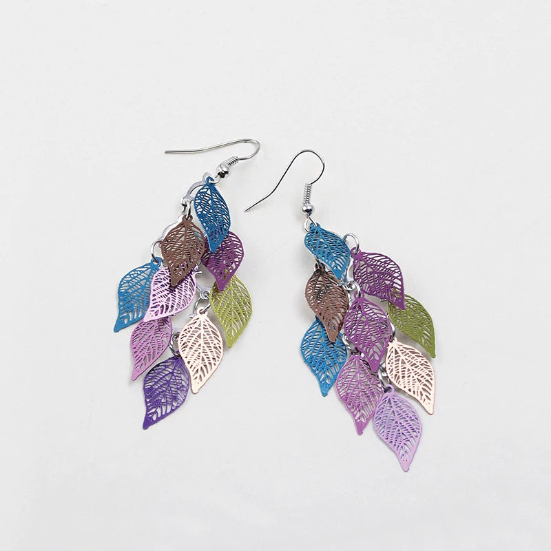 Vintage Hollow Leaves Drop Earrings for Women Bohemian Colorful Long Dangle Earrings 2024 Fashion Jewelry boucle oreille femme