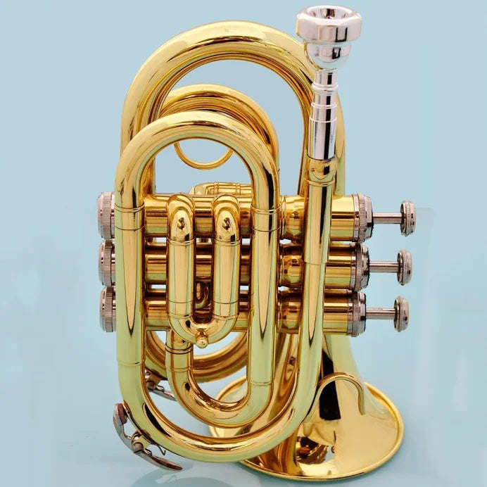 JM Mini Pocket Trumpet Bb Alat Angin Tembaga Rata dengan Corong Sarung Tangan Pembersih Kain Membawa Sarung