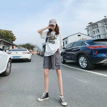 Seluar pendek Wanita Musim Panas Pinggang Tinggi Poket 3XL Paras Lutut BF Kasual Lurus Vintage Chic Solid Longgar Wanita Streetwear Ins Ulzzang