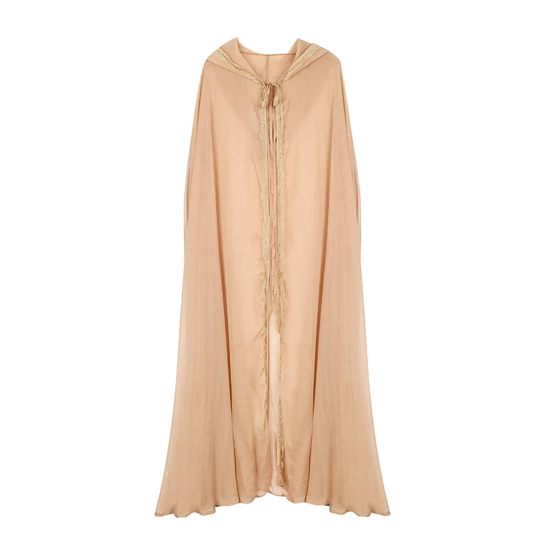TIYIHAILEY Penghantaran Percuma 2021 Jubah Chiffon Vintaj Musim Bunga Musim Panas Pakaian Luar Bertudung Longgar Panjang Maxi Beige Witch Cardigan Lace