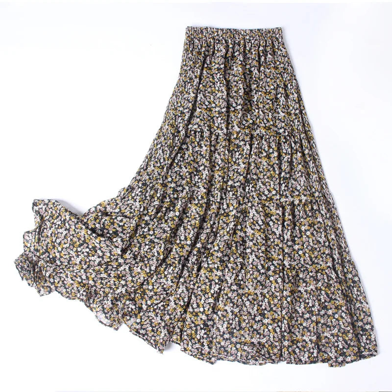 Versi Korea Selatan Musim Panas Wanita Berpinggang Tinggi Luar Bandar Kecil Bunga Segar Skirt Kolej Chiffon Elegan Bercetak Separuh Panjang