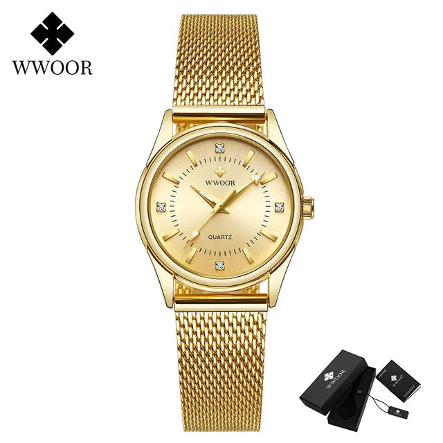 2024 WWOOR Fesyen Jenama Wanita Jam Tangan Mewah Berlian Mawar Emas Gelang Wanita Jam Tangan Pakaian Elegan untuk Gadis Montre Femme