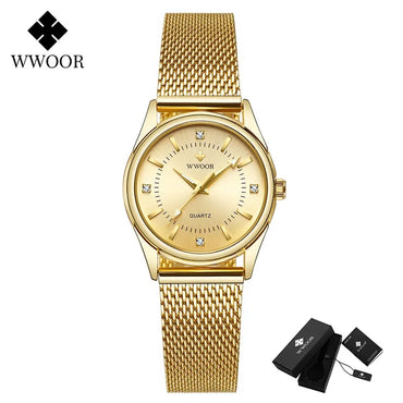 2024 WWOOR Fesyen Jenama Wanita Jam Tangan Mewah Berlian Mawar Emas Gelang Wanita Jam Tangan Pakaian Elegan untuk Gadis Montre Femme