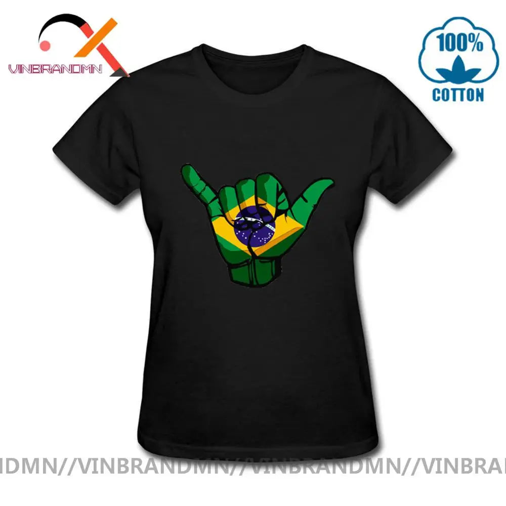 Funny Shaka sign Brazil flag T shirts Women Short Sleeve O-neck 100% Cotton T-shirt Hot sale Casual Fashionable Urban Apparel