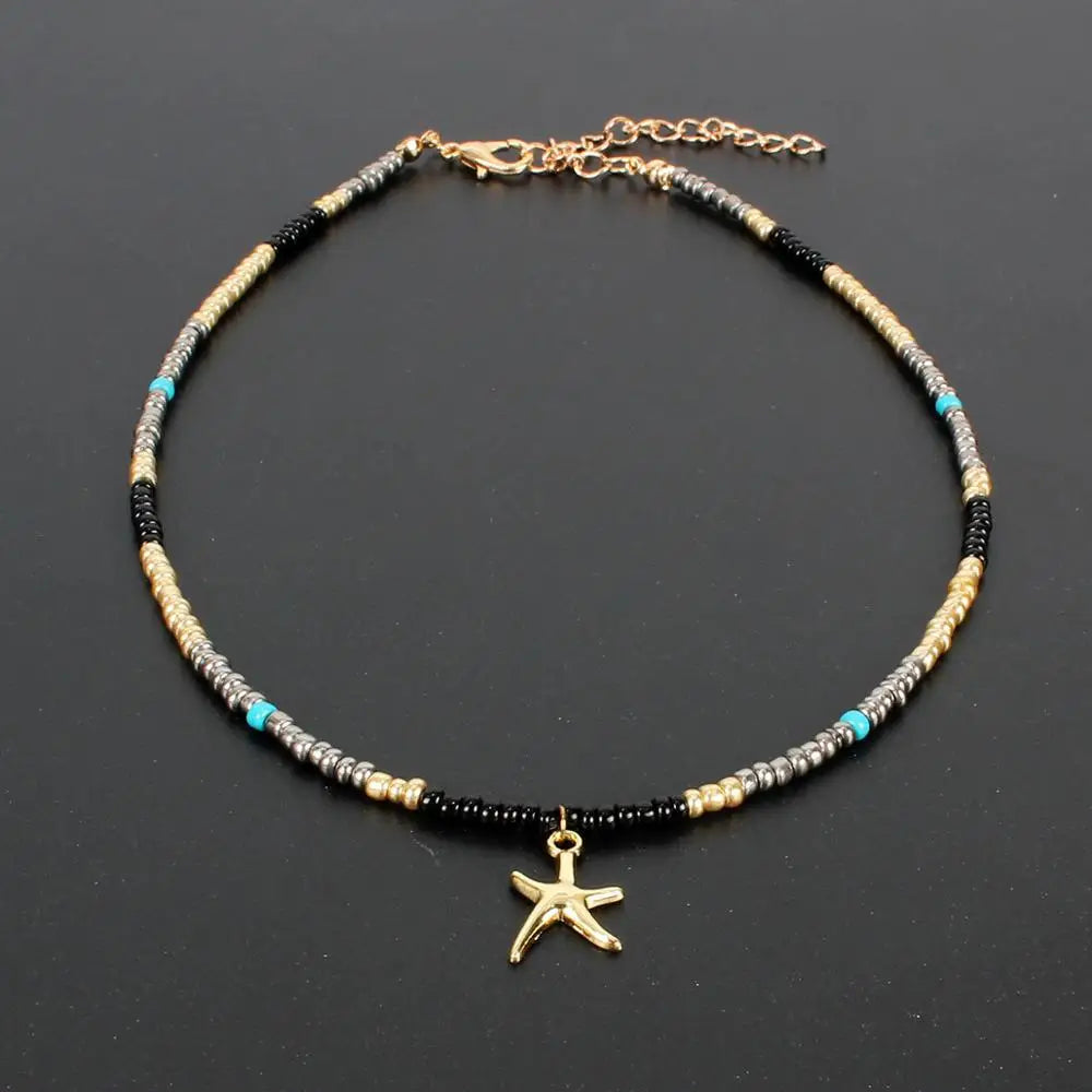 Bohemian Multilayer Handmade Bead Pendant Necklace Fashion Ethnic Vintage Starfish Heart Love Choker Beach Jewelry Bijoux Gift