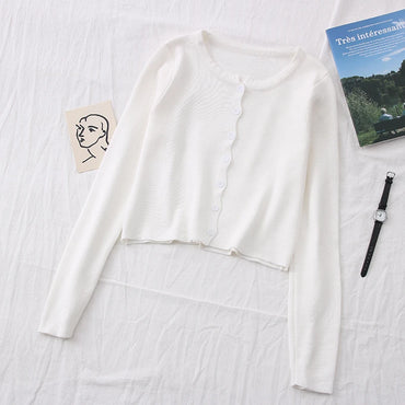 OUMEA Knitted Cardigans Spring Autumn Buttons Front Long Sleeve Crop Cardigans Top Solid Color Simple Classic Knitted Cardigans