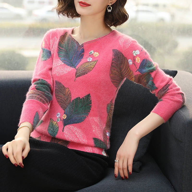 Sweater Kasmir Wanita Baru 2020 Sweater Percetakan Elegan Pullover Sweater Bulu Bercetak Bunga-bunga Sweater V-Leher Lengan Panjang