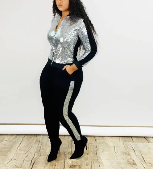 Set 2 Piece Sequin Musim Gugur Musim Sejuk Wanita Pakaian Latihan Yg Hangat Lengan Panjang Jaket Atas Sut Seluar Pakaian Jalanan Set Padanan Berkilauan Pakaian Kelab