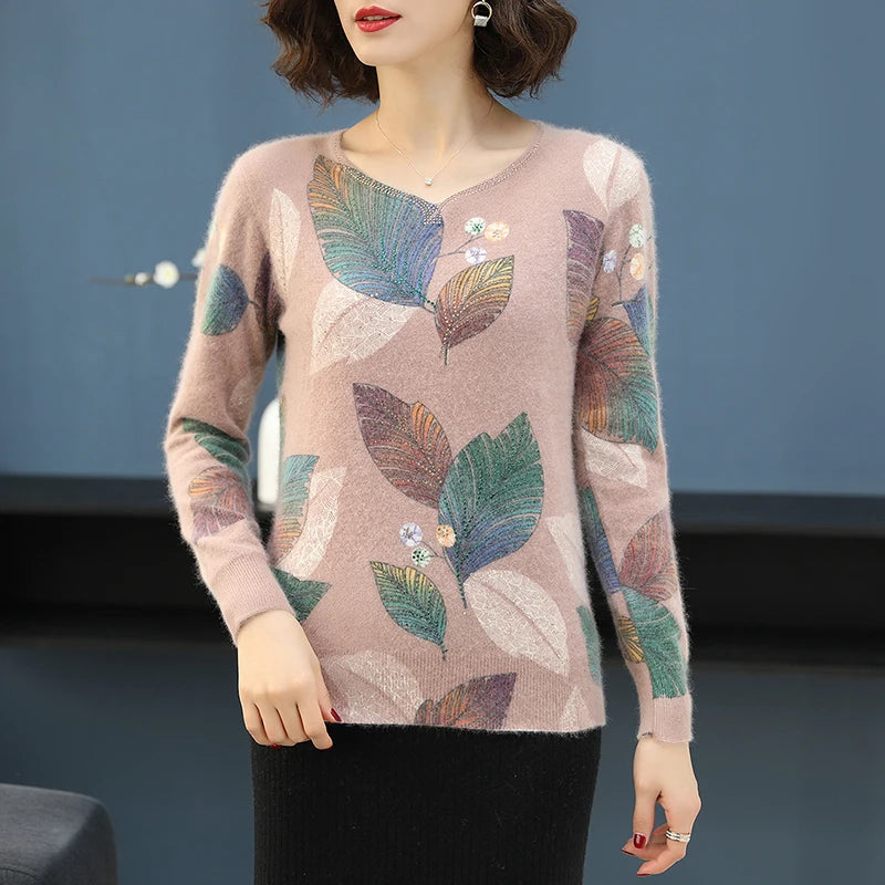 Sweater Kasmir Wanita Baru 2020 Sweater Percetakan Elegan Pullover Sweater Bulu Bercetak Bunga-bunga Sweater V-Leher Lengan Panjang