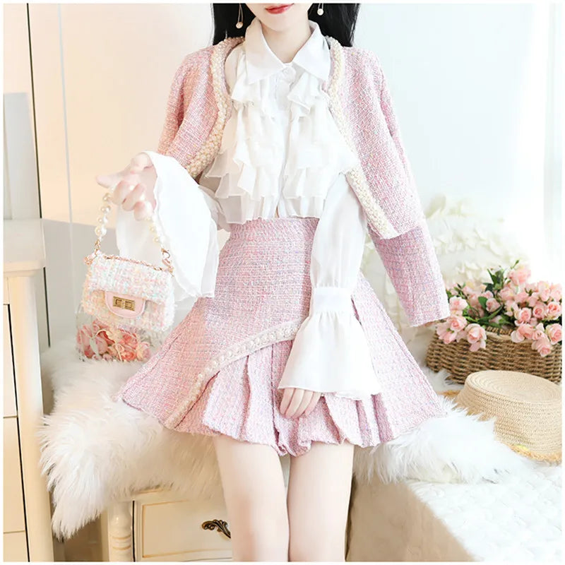 Set Dua Keping Tweed Jaket Manik Pendek + Skirt Berlipat Asimetri Kotak-kotak Perangai Elegan Sut Wanita Chic 2020 Baharu