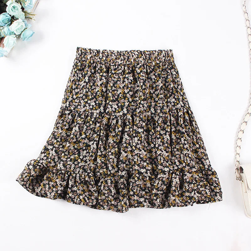 Versi Korea Luar Bandar Kecil Segar Bunga Patah Musim Panas Pinggang Tinggi Splicing Chiffon Pleated Printed Wanita Mini Tutu Skirt pendek
