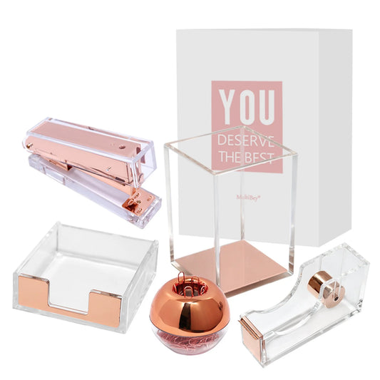 5pcs Rose Gold Acrylic Desk Stationery Series Stapler Tape Dispenser Sticky Note Pads Tray Pen Holder Paper Clips Dispenser