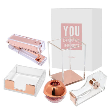 5pcs Rose Gold Acrylic Desk Stationery Series Stapler Tape Dispenser Sticky Note Pads Tray Pen Holder Paper Clips Dispenser