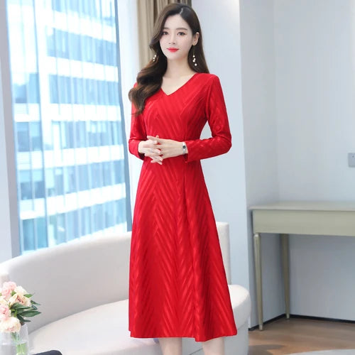 Musim Gugur Musim Sejuk Vintage Pakaian Midi Merah Pepejal 2024 Pakaian Maxi Petang Bodycon Seksi Wanita Pesta Lengan Panjang Vestidos Perkahwinan Elegan