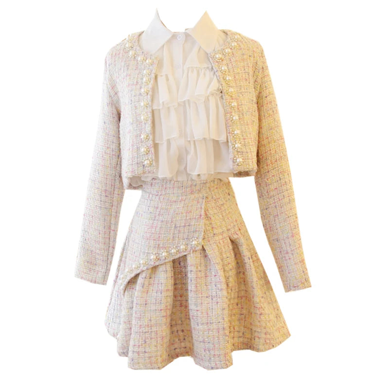 Set Dua Keping Tweed Jaket Manik Pendek + Skirt Berlipat Asimetri Kotak-kotak Perangai Elegan Sut Wanita Chic 2020 Baharu