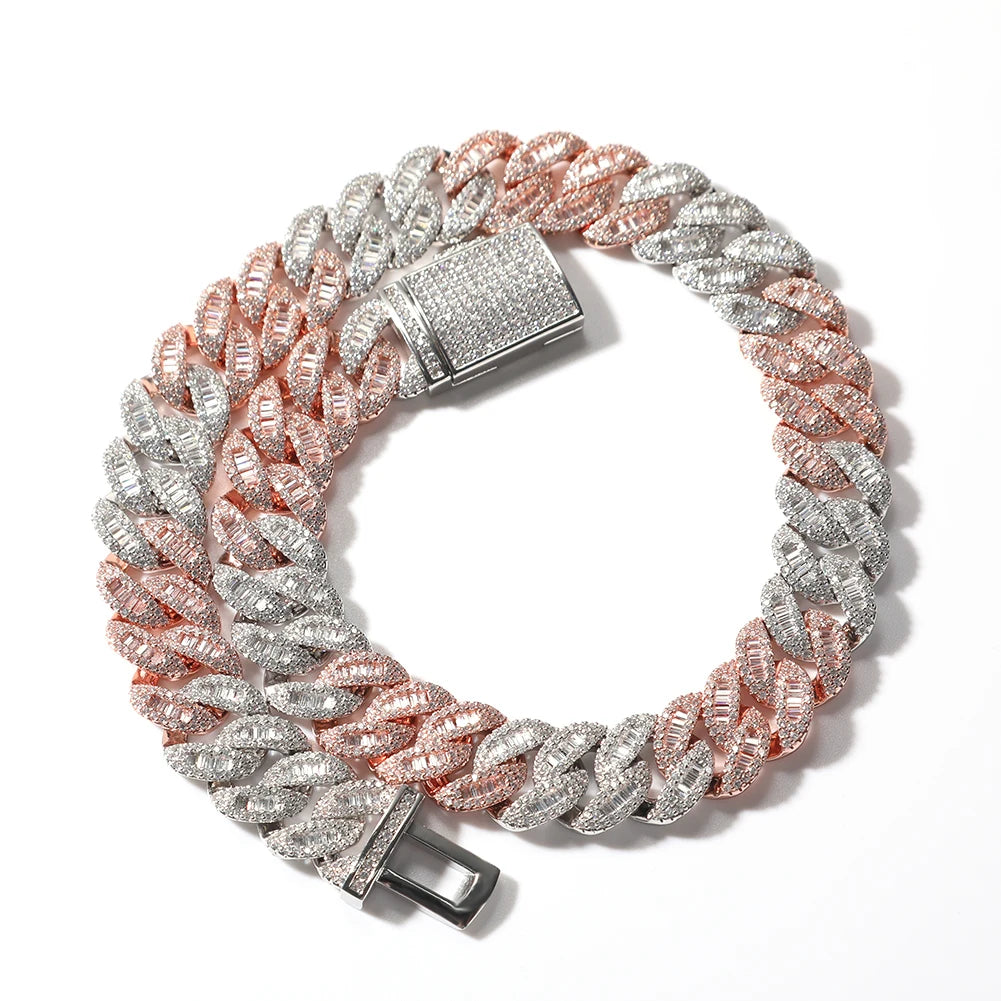 Uwin 16mm Baguette Cuabn Chain Prong Setting 2 Colors Miami Choker Iced Out Chain Bling CZ Kalung Perhiasan Hiphop