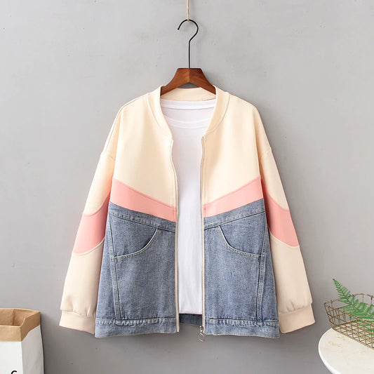 asual Loose Women's Coat Tops New 2022 Spring Autumn Zipper Contrast Denim Jacket Outwear Fashion Female Tooling 4XL K978