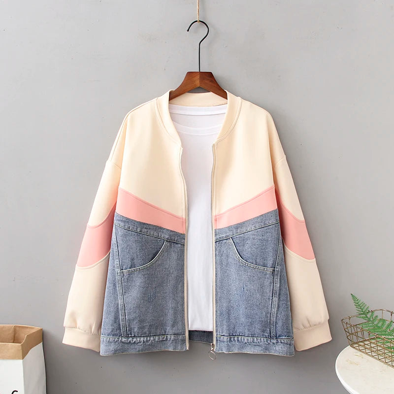 Baju Atasan Wanita Longgar Baru 2022 Musim Bunga Musim Gugur Zip Kontras Jaket Denim Pakaian Lebih Tahan Dr Fesyen Perkakas Wanita 4XL K978