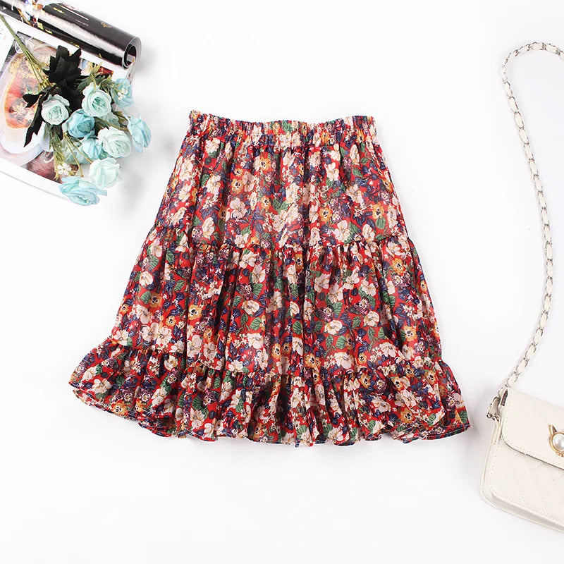 Versi Korea Luar Bandar Kecil Segar Bunga Patah Musim Panas Pinggang Tinggi Splicing Chiffon Pleated Printed Wanita Mini Tutu Skirt pendek