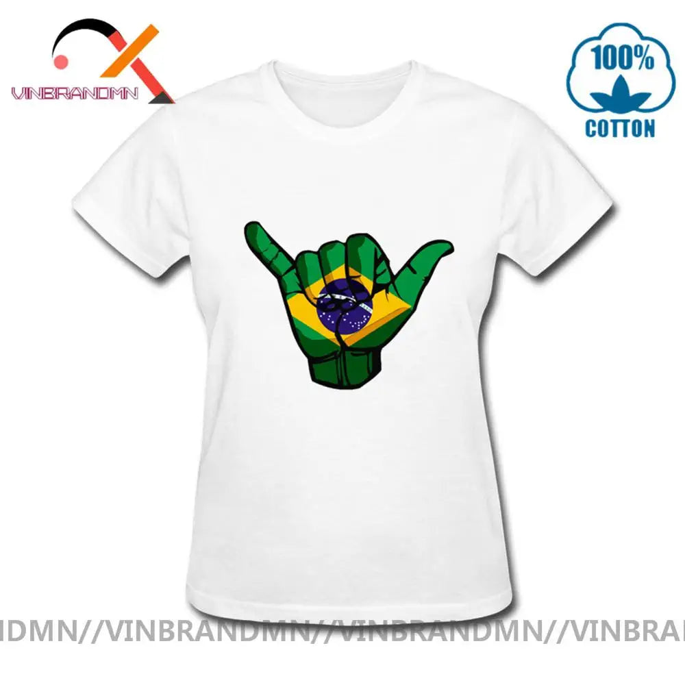 Funny Shaka sign Brazil flag T shirts Women Short Sleeve O-neck 100% Cotton T-shirt Hot sale Casual Fashionable Urban Apparel