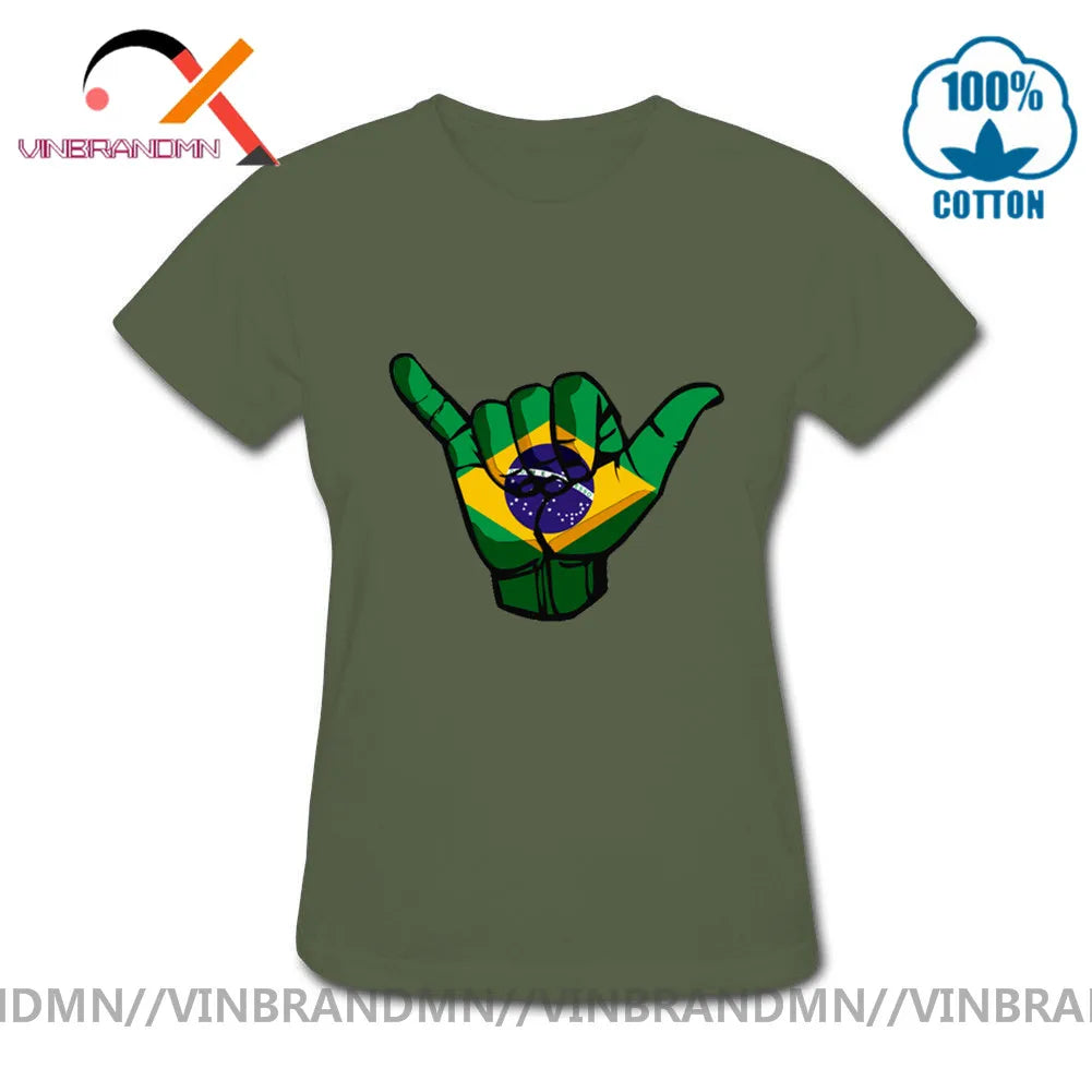 Funny Shaka sign Brazil flag T shirts Women Short Sleeve O-neck 100% Cotton T-shirt Hot sale Casual Fashionable Urban Apparel