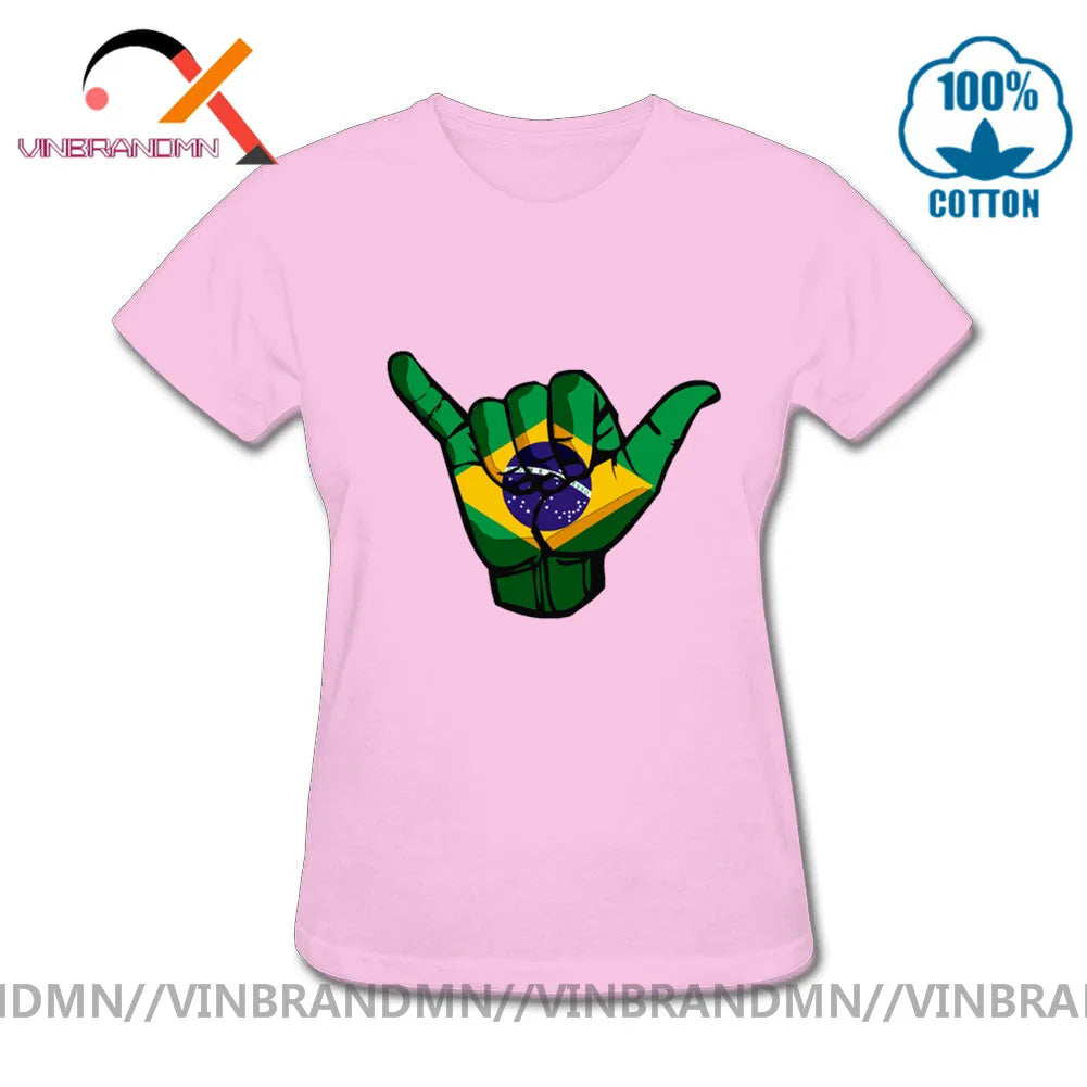 Funny Shaka sign Brazil flag T shirts Women Short Sleeve O-neck 100% Cotton T-shirt Hot sale Casual Fashionable Urban Apparel