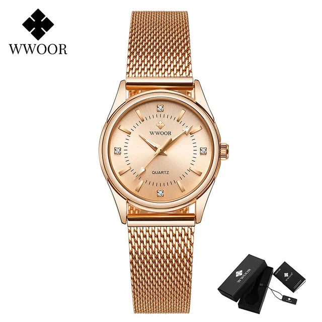 2024 WWOOR Fesyen Jenama Wanita Jam Tangan Mewah Berlian Mawar Emas Gelang Wanita Jam Tangan Pakaian Elegan untuk Gadis Montre Femme