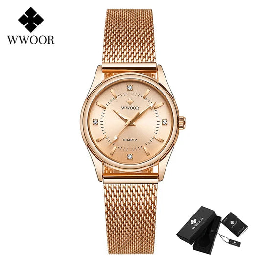 2024 WWOOR Fesyen Jenama Wanita Jam Tangan Mewah Berlian Mawar Emas Gelang Wanita Jam Tangan Pakaian Elegan untuk Gadis Montre Femme
