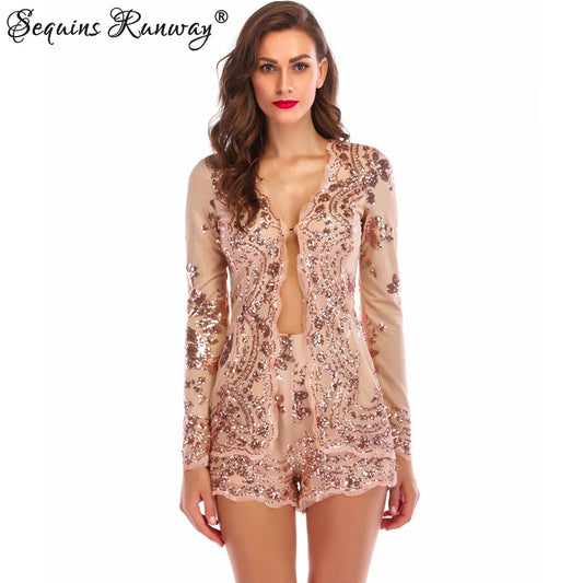 Sexy Long sleeve Summer bodysuit women Vintage sequins playsuit woman jumpsuit short club party rompers fashion clothes 2024New