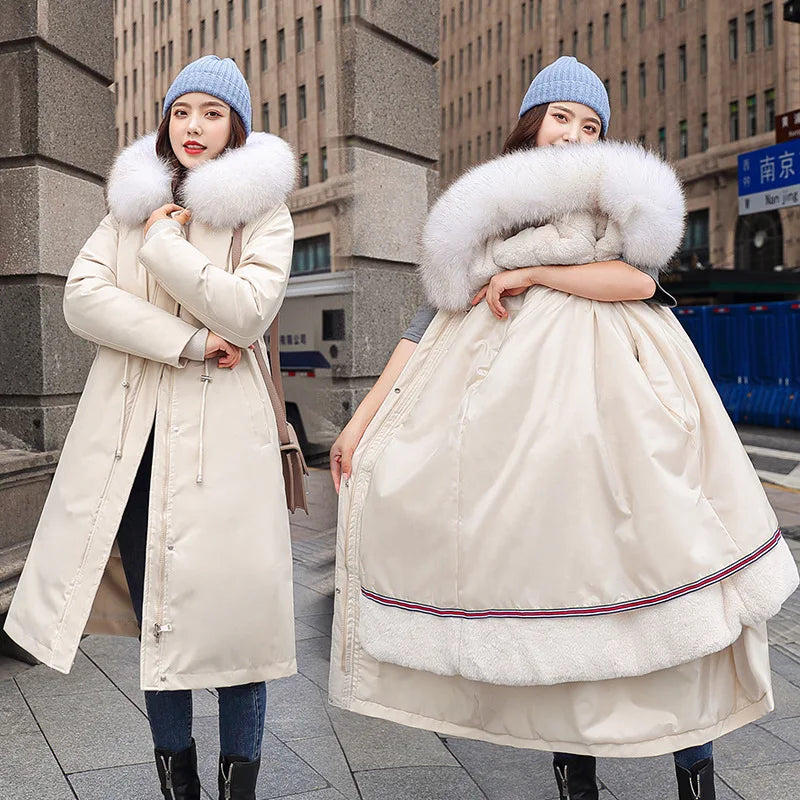 Parka Tudung Bulu Besar Wanita Pelapik Boleh Tanggal Lapik Kapas Panjang Bawah Kot Empuk Wanita Pakaian Tahan Panas Panas Tebal Jaket Musim Sejuk Wanita AU-181