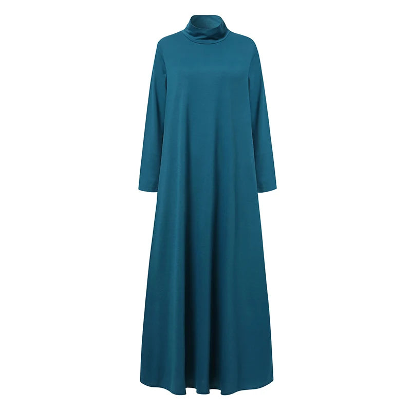 Fesyen Musim Gugur Turtleneck Lengan Panjang Sundress Wanita Maxi Long Dress ZANZEA Elegan Solid Kasual Jubah Femme Kaftan Party Vestido