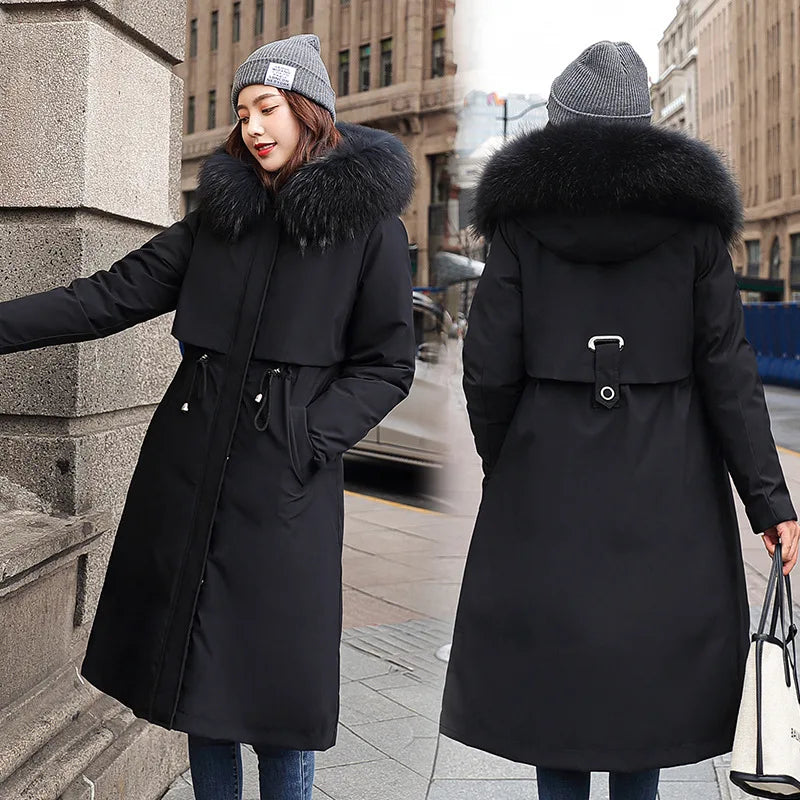 Parka Tudung Bulu Besar Wanita Pelapik Boleh Tanggal Lapik Kapas Panjang Bawah Kot Empuk Wanita Pakaian Tahan Panas Panas Tebal Jaket Musim Sejuk Wanita AU-181