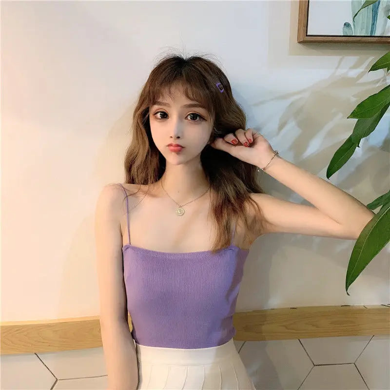 Camisoles Women Summer Solid Colorful Sexy Knitted Sleeveless Tees Womens Tanks Tops Camis Chic Basic All-match Ulzzang Backless